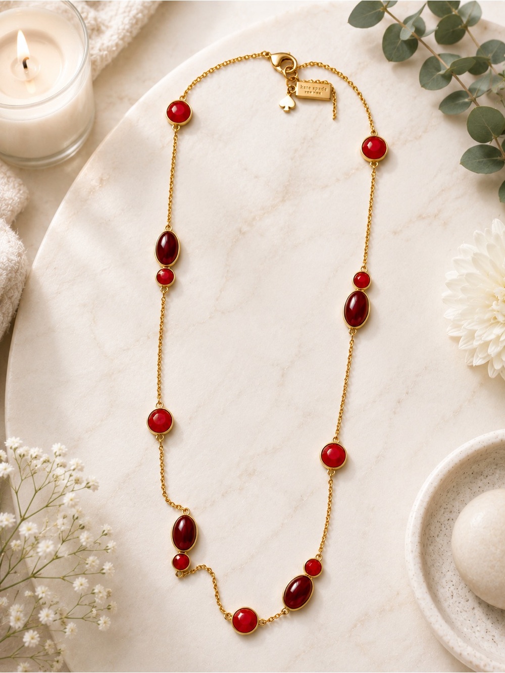 Kate Spade New York Gold Tone Long Station Necklace Pink Cabochon 32”